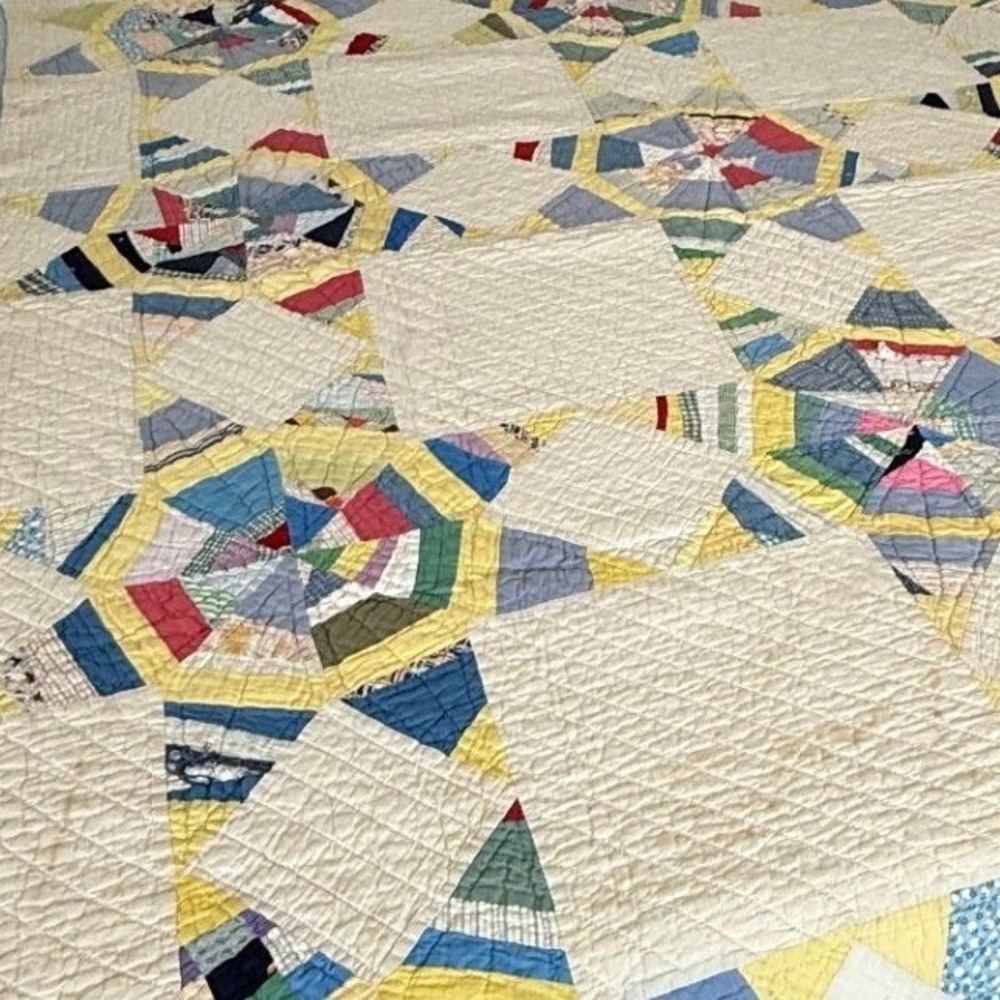 Vintage Handmade Patchwork Quilt Spider Web Wagon Wheel Feed 1930s sack Cotton - Picture 5 of 15